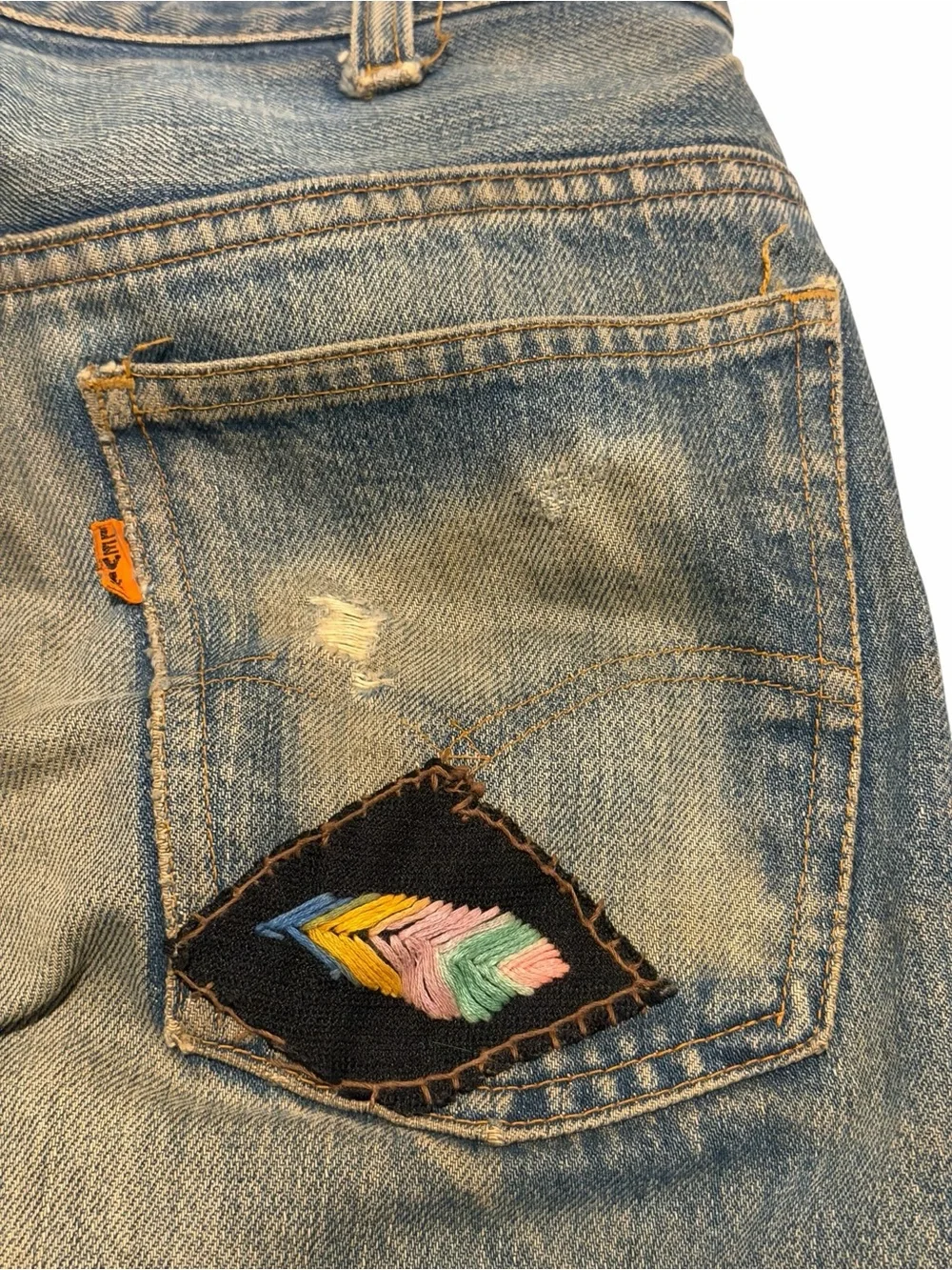 Levi's big E Blue Flare Jeans with Embroidered Knee Patches, pre-owned